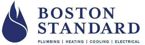 Logo for Boston Standard with a blue flame icon and text: "Plumbing, Heating, Cooling, Electrical.