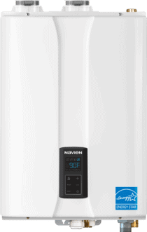 A white tankless water heater with a digital display showing 90°F, featuring an Energy Star certification logo.