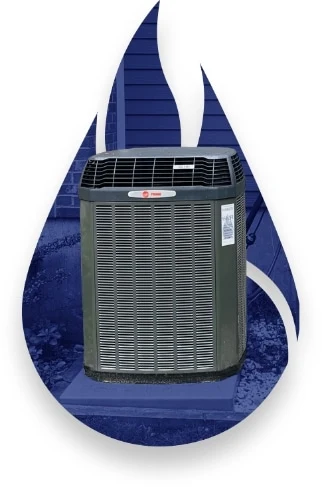 Air conditioning unit on a concrete pad in front of a house, overlaid with a stylized blue flame graphic.