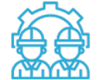 Two stylized figures wearing hard hats and safety vests are shown in front of a gear outline, symbolizing teamwork in engineering or construction.