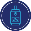 Blue icon of a boiler with a flame inside and a circular gauge above, set against a navy circular background. This design is a subtle nod to reliability, much like a Home Protection Plan ensuring peace of mind.