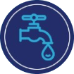 Blue icon of a water faucet with a droplet on a dark blue circular background, symbolizing home protection.