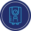 Blue icon of a water heater on a dark blue circular background, symbolizing the reliability offered by our Home Protection Plan.