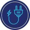 Blue circular icon showing an electric plug with a cord and a lightning bolt symbol, representing electricity, power, or a maintenance plan for electrical systems.