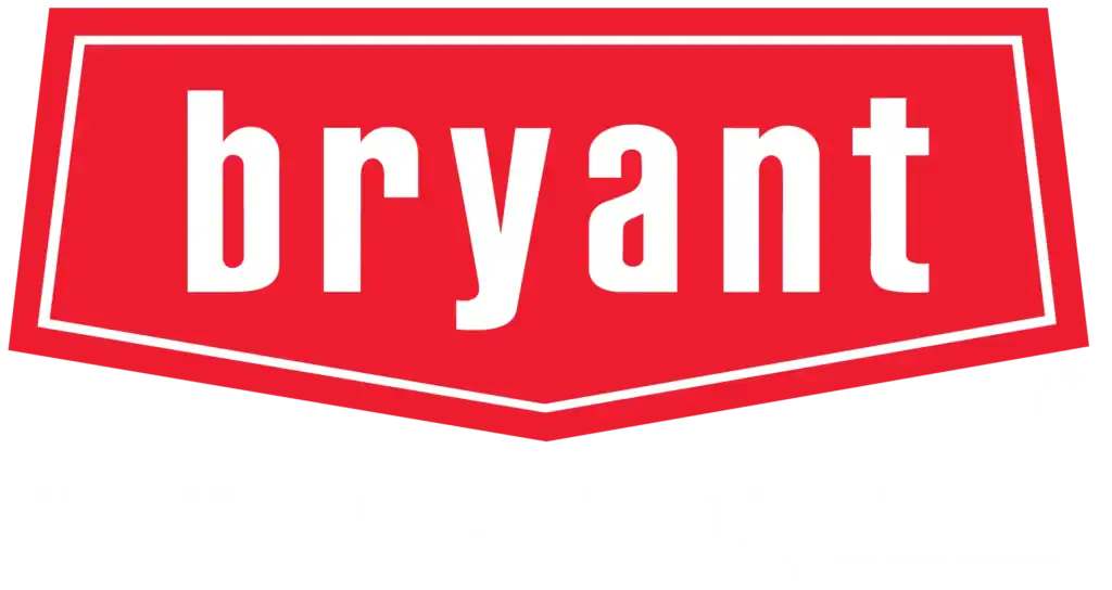 Red Bryant logo with white text; below the logo, "Heating & Cooling Systems, HVAC" is written in white on a black background.
