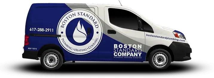 A white and blue Boston Standard Company van displaying contact information and a plumbing, heating, and cooling logo on the side.