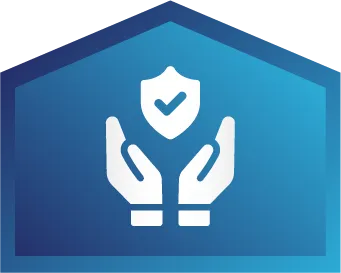 White icon of two hands holding a shield with a checkmark inside, on a blue, house-shaped background.