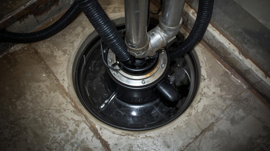 A sump pump installed in a basement floor pit with attached pipes and hoses, surrounded by wet concrete—ideal for those seeking reliable sump pump services Boston homeowners trust.