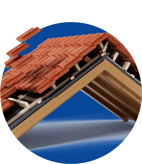 shade-roof-img A cutaway 3D model of a roof section showing red shingles, underlayment, and wooden framing layers.