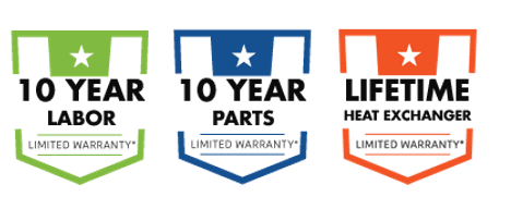 Three shield icons display warranty information: 10 Year Labor, 10 Year Parts, and Lifetime Heat Exchanger, each with a star and "Limited Warranty" text.