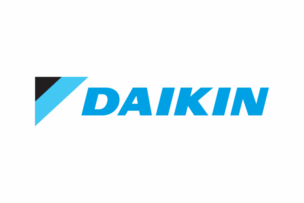 Daikin logo featuring a blue and black abstract shape next to the word "DAIKIN" in bold, blue capital letters on a white background.