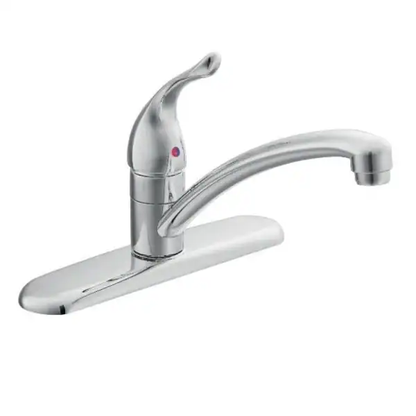 Single-handle chrome kitchen faucet with a curved spout and a flat base plate on a white background.