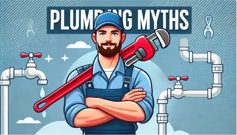 Illustration of a smiling plumber holding a large pipe wrench, with the text "Plumbing Myths" and various plumbing fixtures in the background.