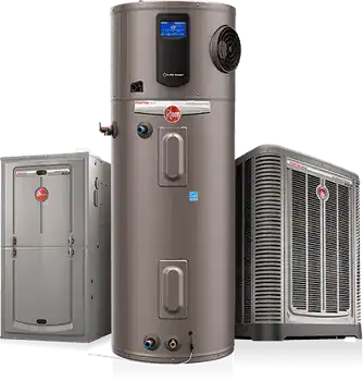Three Rheem HVAC units shown: a furnace, a water heater, and an outdoor air conditioning unit, all in metallic finishes with visible brand logos.