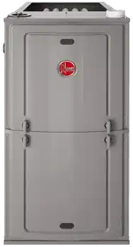 A gray Rheem gas furnace unit with a red logo on the front panel, shown standing upright.