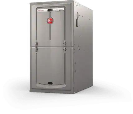 A gray Rheem gas furnace unit is shown standing upright against a plain background.