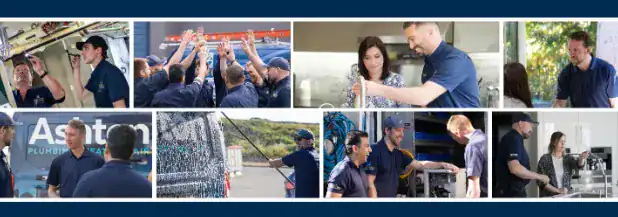 Collage of plumbers in uniform working, consulting with customers, washing a company van, and collaborating as a team in various settings.