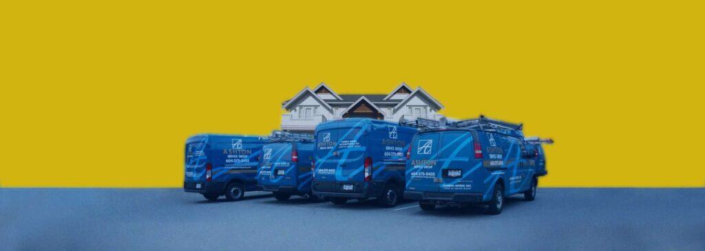 Five blue service vans are parked in front of a house, with a solid yellow background behind them.