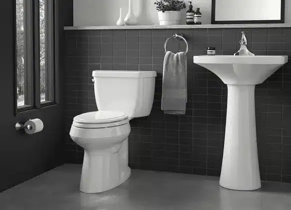 A modern bathroom features a toilet, a pedestal sink, a towel ring with a towel, a shelf with toiletries, and a toilet paper holder on the wall.