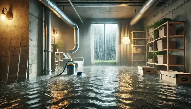 A modern basement living room is flooded with water, covering the floor and furniture, with rain pouring through a glass door in the background.