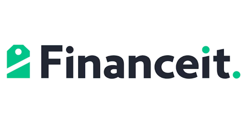 Financeit logo featuring a green and white geometric tag icon to the left of the word "Financeit" in bold black letters, with a green dot at the end.