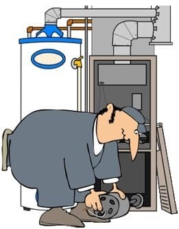 Cartoon of a maintenance worker in uniform kneeling in front of a furnace, handling a part, with a water heater and piping in the background.