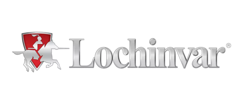 Lochinvar logo with a metallic text and a knight on horseback inside a red shield on the left side of the text.
