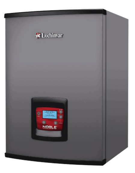 A gray Lochinvar Noble boiler with a digital control panel and display on the front.