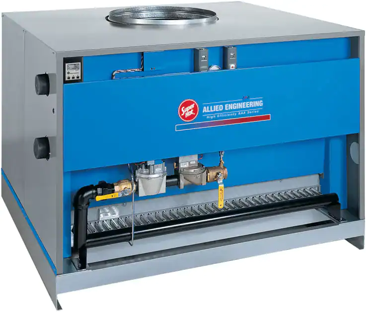 Large industrial blue and gray boiler unit with visible gauges, pipes, and control panels, labeled "Allied Engineering.