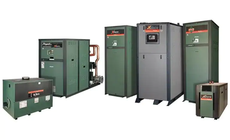 Five industrial boilers and heating units of various sizes and designs are displayed side by side against a plain background.