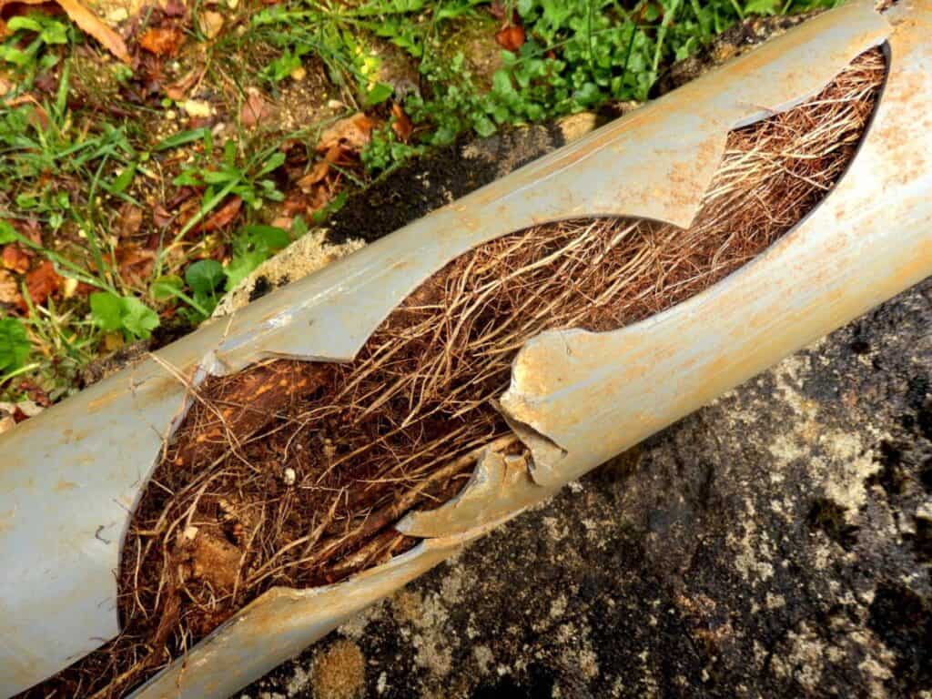 A broken plastic pipe filled with densely packed roots, lying on a stone surface with grass and leaves in the background.