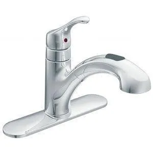 Single-handle chrome kitchen faucet with a curved spout, mounted on an oval base plate, against a white background.