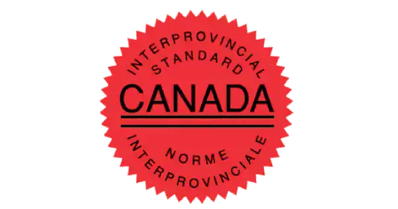 A red circular seal with serrated edges, displaying the words "Interprovincial Standard Canada Norme Interprovinciale" in black text, often seen on certified Drain Tile Systems across Canada.