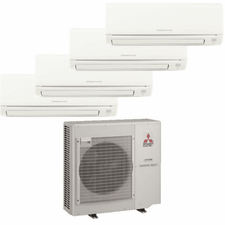 A Mitsubishi Electric Mr. Slim Mini-Split system features one outdoor unit paired with four indoor wall-mounted units, providing efficient and customizable climate control. Expert Mr. Slim Mini-Split repair available for reliable performance.