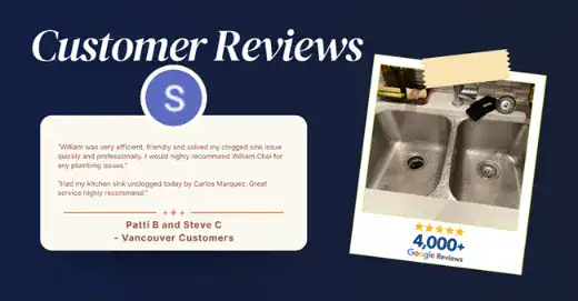 A customer review praising plumbing service is displayed beside a photo of a clean double kitchen sink and a nearly five-star Google Reviews rating.