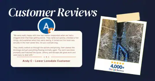 A customer review praises fast and thorough drain service; next to it is a photo of cleaned blue pipes and a badge showing 4,000+ Google reviews with a high rating.