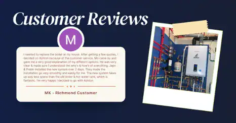 A customer review praises a boiler replacement service; a photo on the right shows a modern boiler unit installed with pipes against a blue wall.
