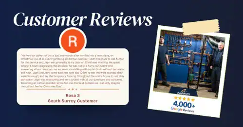 A customer review for Ashton service is displayed with a testimonial, a 4,000+ Google Reviews badge, and a photo of two technicians standing by pipes and equipment.