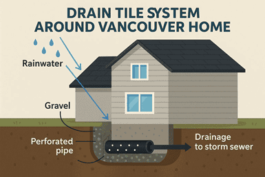 Diagram of a house showing a drain tile system; rainwater flows through gravel into a perforated pipe, directing drainage to a storm sewer.