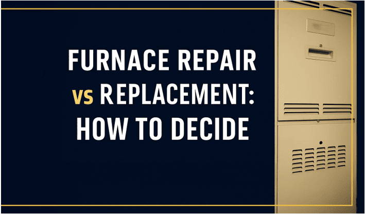 Text on a dark background reads "Furnace repair vs replacement: how to decide," guiding your furnace decision, next to a beige furnace unit on the right side of the image.