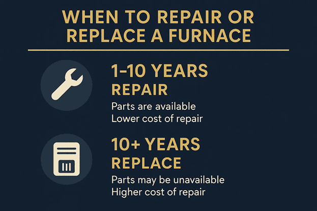 Infographic on furnace repair vs. replacement: Make a smart furnace decision—repair if your unit is 1–10 years old; opt for furnace replacement if it's over 10 years due to part availability and cost concerns.