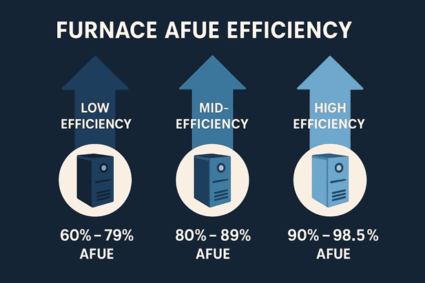 Infographic showing furnace AFUE efficiency: low (60–79%), mid (80–89%), and high (90–98.5%), each represented by an upward arrow and furnace icon—helpful for making a smart furnace replacement or repair decision.