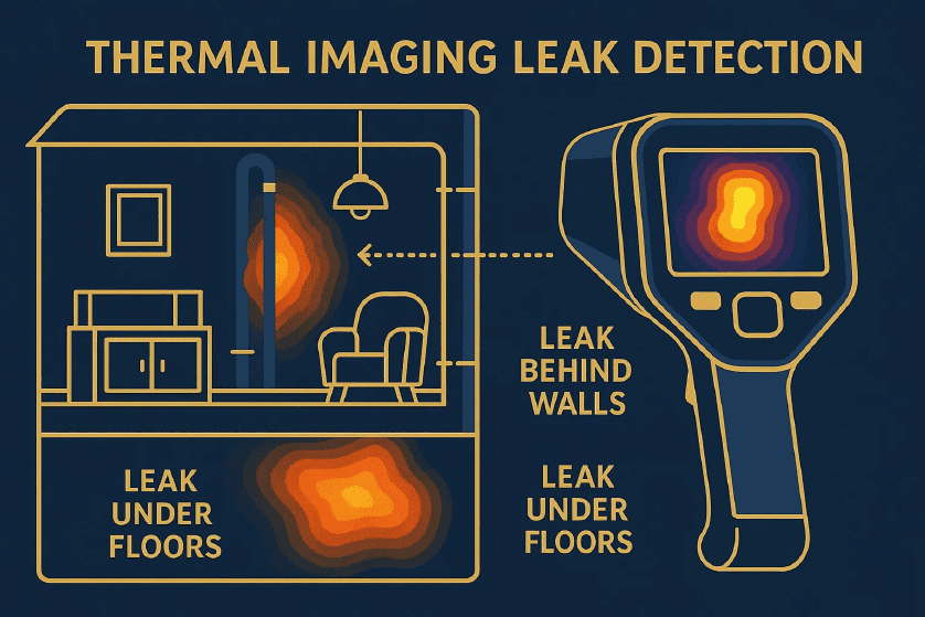 Diagram explaining thermal imaging leak detection in Vancouver, showing a handheld device identifying leaks under floors and behind walls in a house with color-coded heat spots.