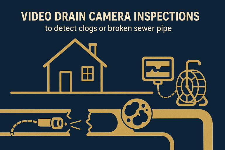 Diagram showing a house with a video drain camera inspection setup displaying a clogged or broken sewer pipe, highlighting use of cameras and Leak Detection Vancouver services to spot and resolve hidden pipe issues.