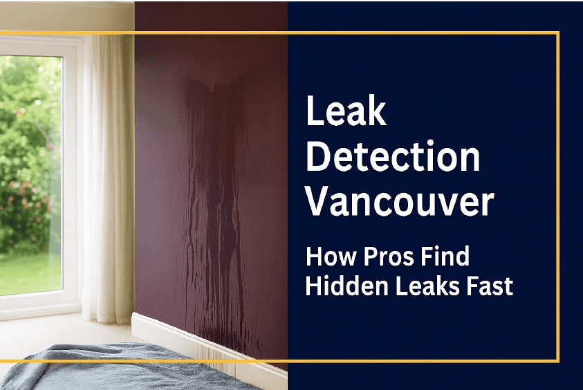A damp wall with visible water stains beside a window, overlaid with text promoting Leak Detection Vancouver services.