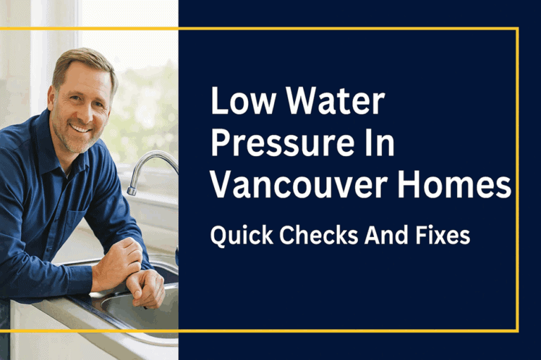 A man stands in a kitchen next to a sink. Text reads: "Low Water Pressure in Vancouver Homes — Quick Fixes and Checks.