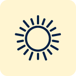 A simple icon of a sun with rays extending outward, depicted in dark lines on a light beige background.