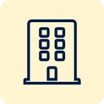 Simple line drawing of a multi-story building with six windows and a door, displayed on a light beige background.