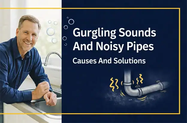 A man stands by a kitchen sink in Vancouver next to text reading "Gurgling Sounds And Noisy Pipes: Causes And Solutions," with an illustration of a vibrating pipe—signs that your main drain could be clogged.