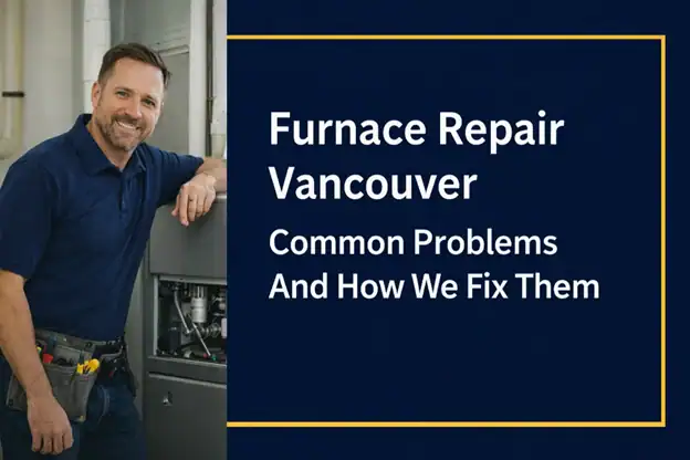 A repair technician stands next to a furnace. Text reads: "Furnace Repair Vancouver: Common Problems And How We Fix Them.